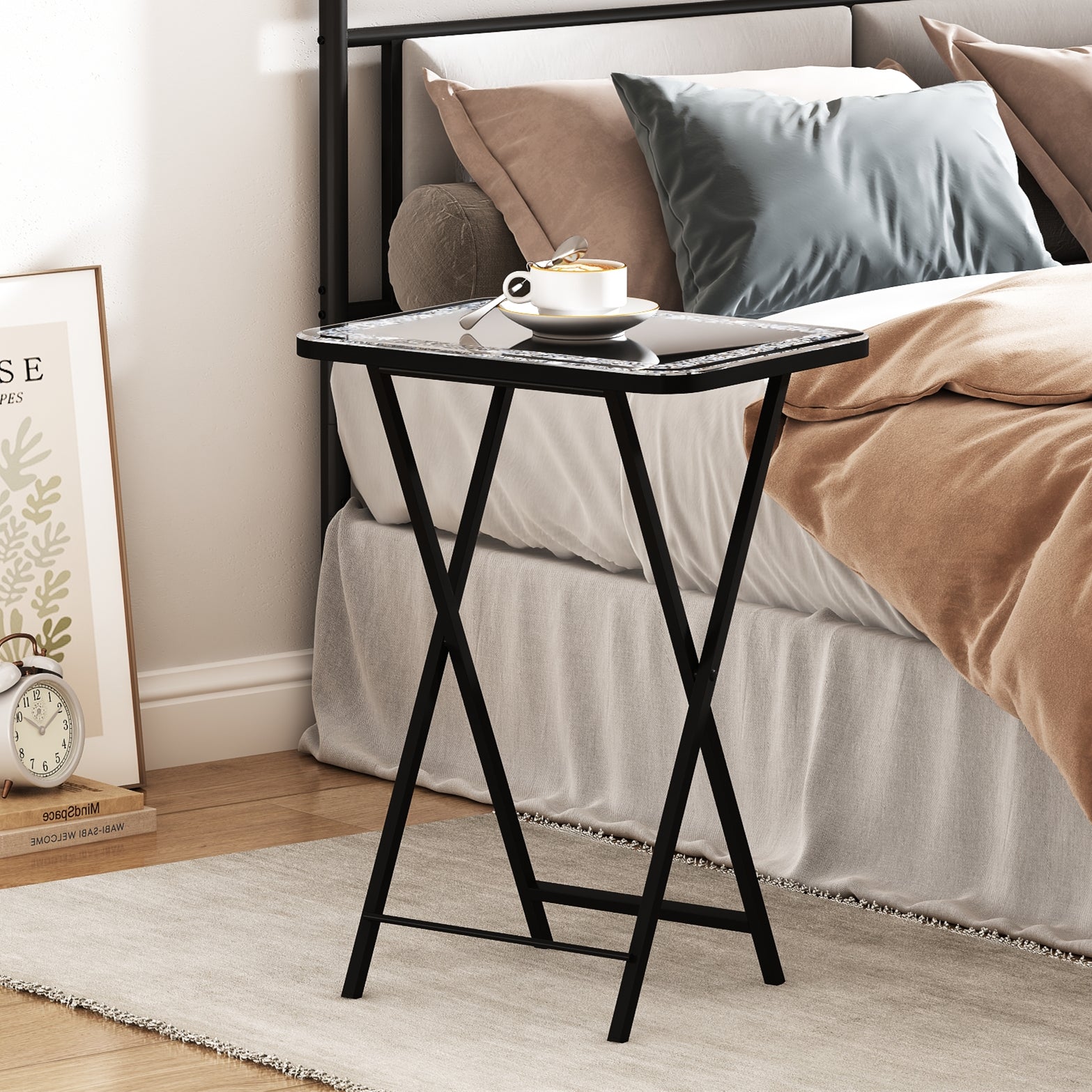 20" Silver and Black Mirrored Glass Faux Crystal And Metal Folding Tray Table