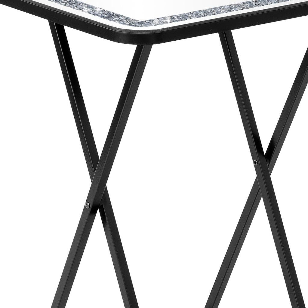 20" Silver and Black Mirrored Glass Faux Crystal And Metal Folding Tray Table