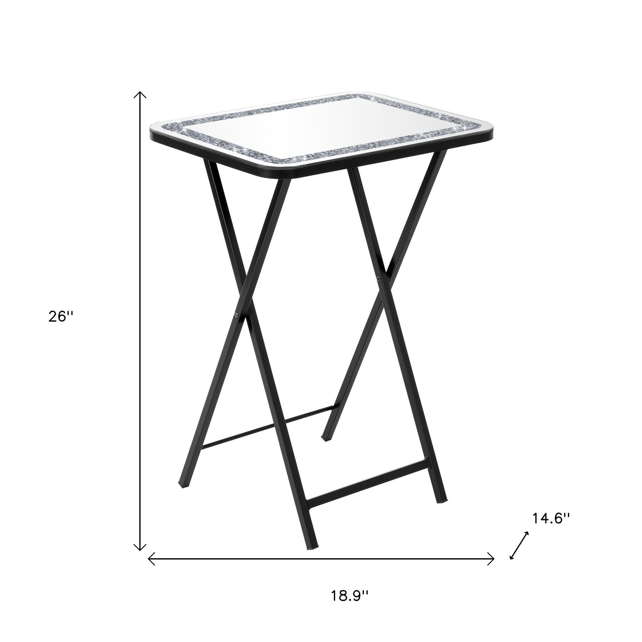 20" Silver and Black Mirrored Glass Faux Crystal And Metal Folding Tray Table