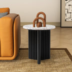 23" White and Black Faux Terrazzo and Wood Round Pedestal End Table