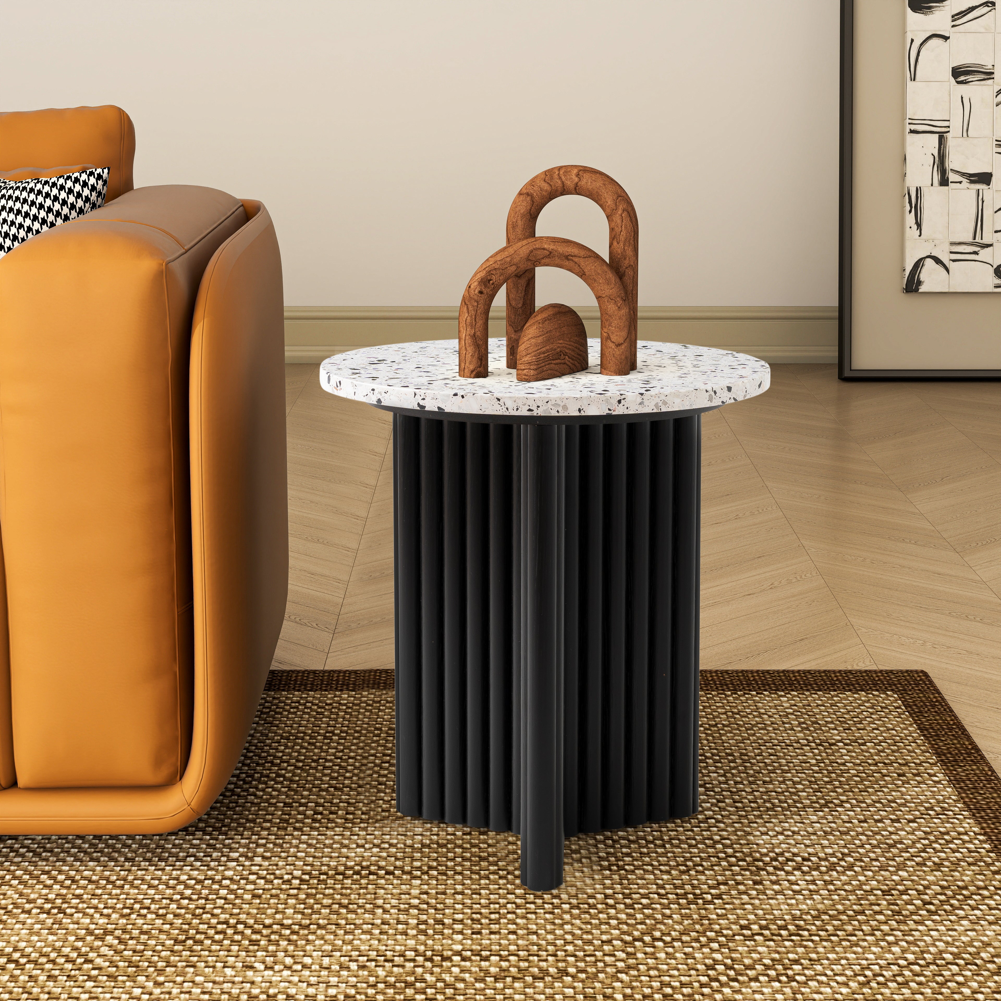 23" White and Black Faux Terrazzo and Wood Round Pedestal End Table