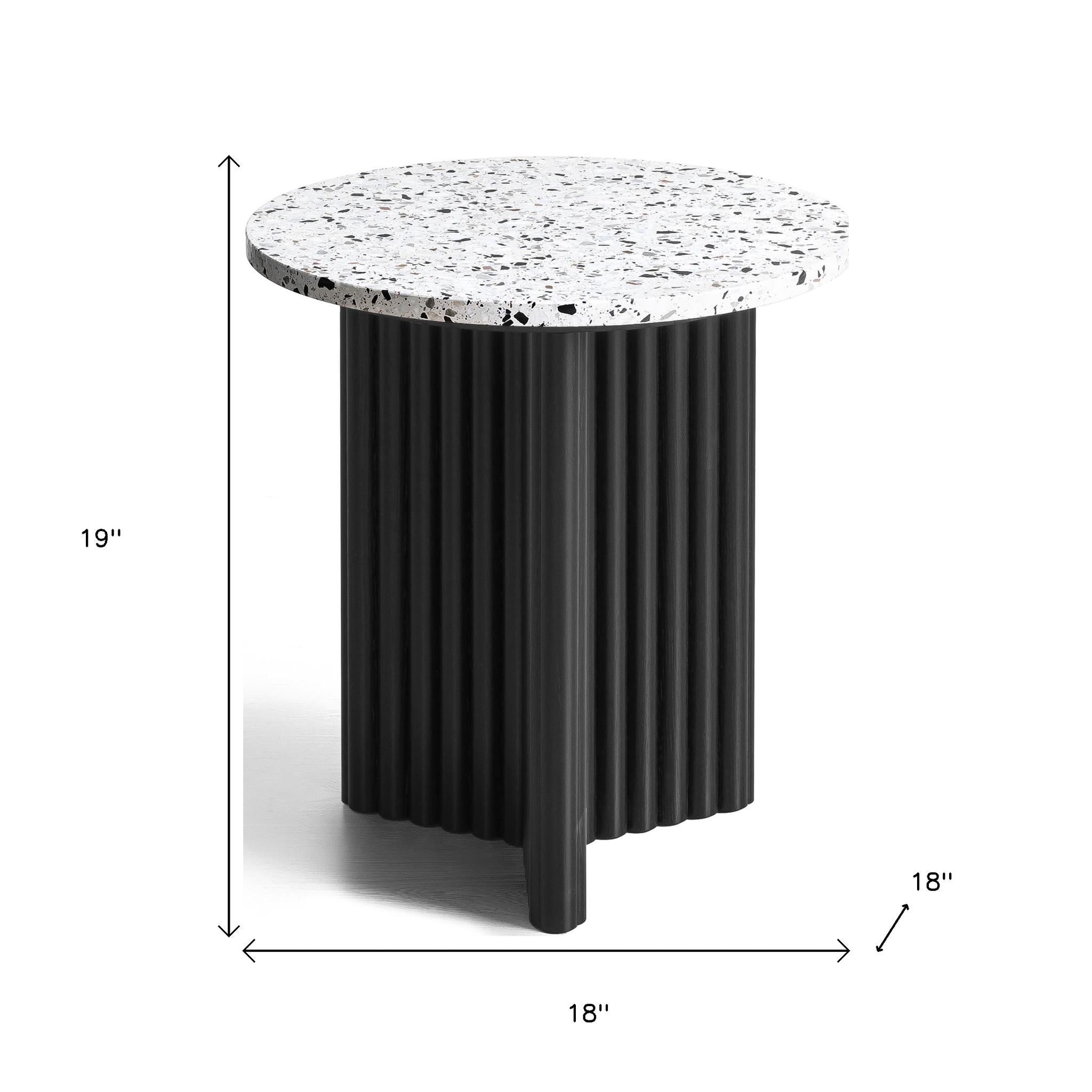 23" White and Black Faux Terrazzo and Wood Round Pedestal End Table