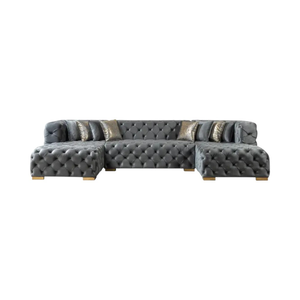 Tufted Gray Velvet Modular U Shaped Sofa and Chaise Sectional With Toss Pillows