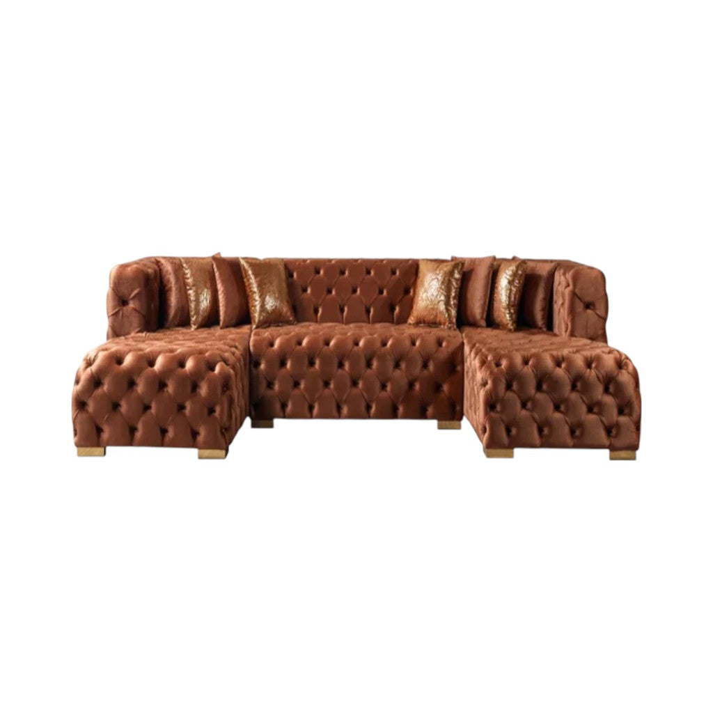 Tufted Orange Velvet Modular U Shaped Sofa and Chaise Sectional With Toss Pillows