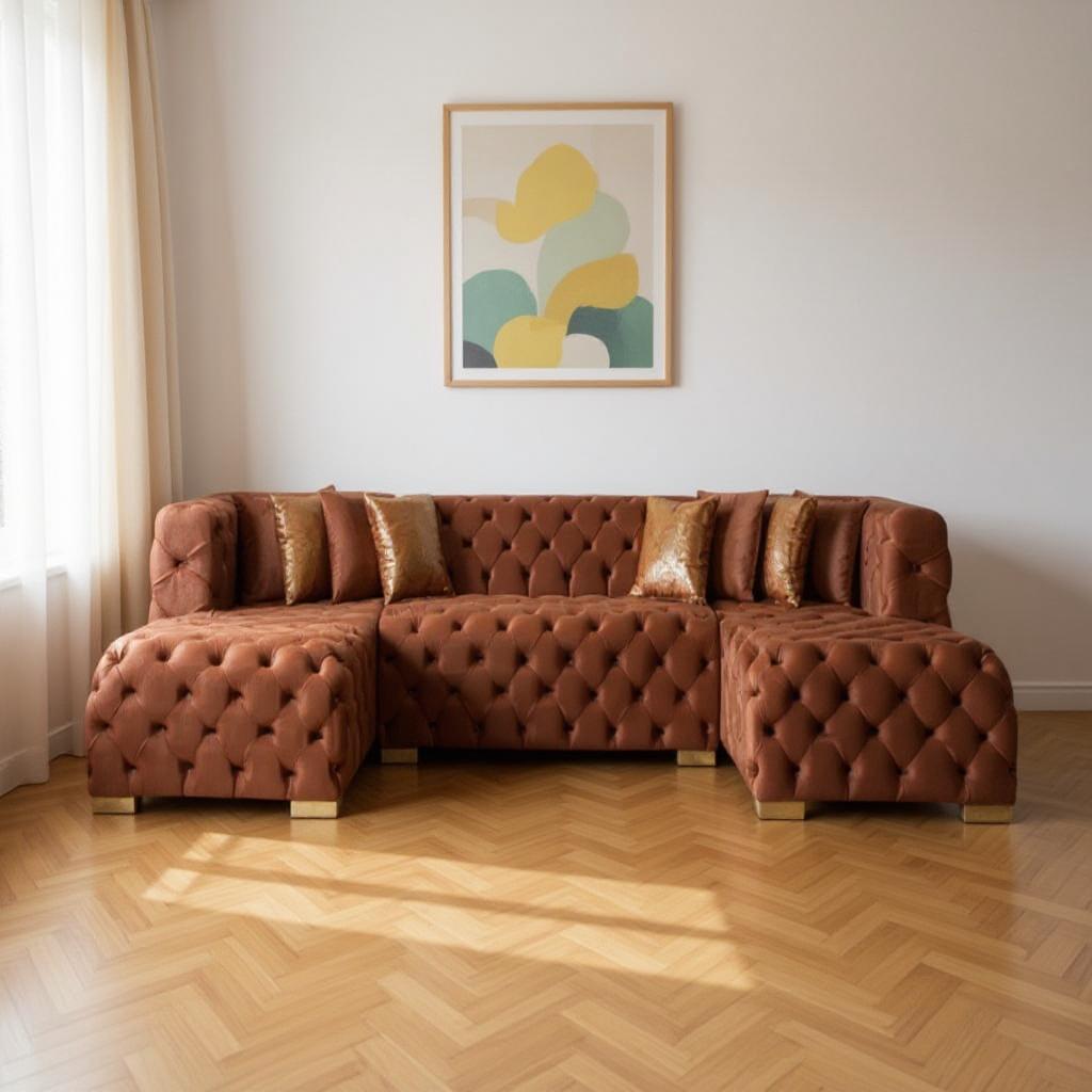 Tufted Orange Velvet Modular U Shaped Sofa and Chaise Sectional With Toss Pillows