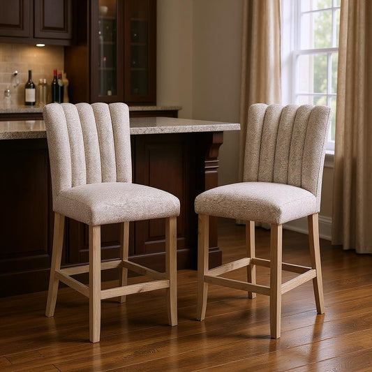 Set of Two 26" Beige and Natural Solid Manufactured Wood Fabric and Wood Bar Height Bar Chairs