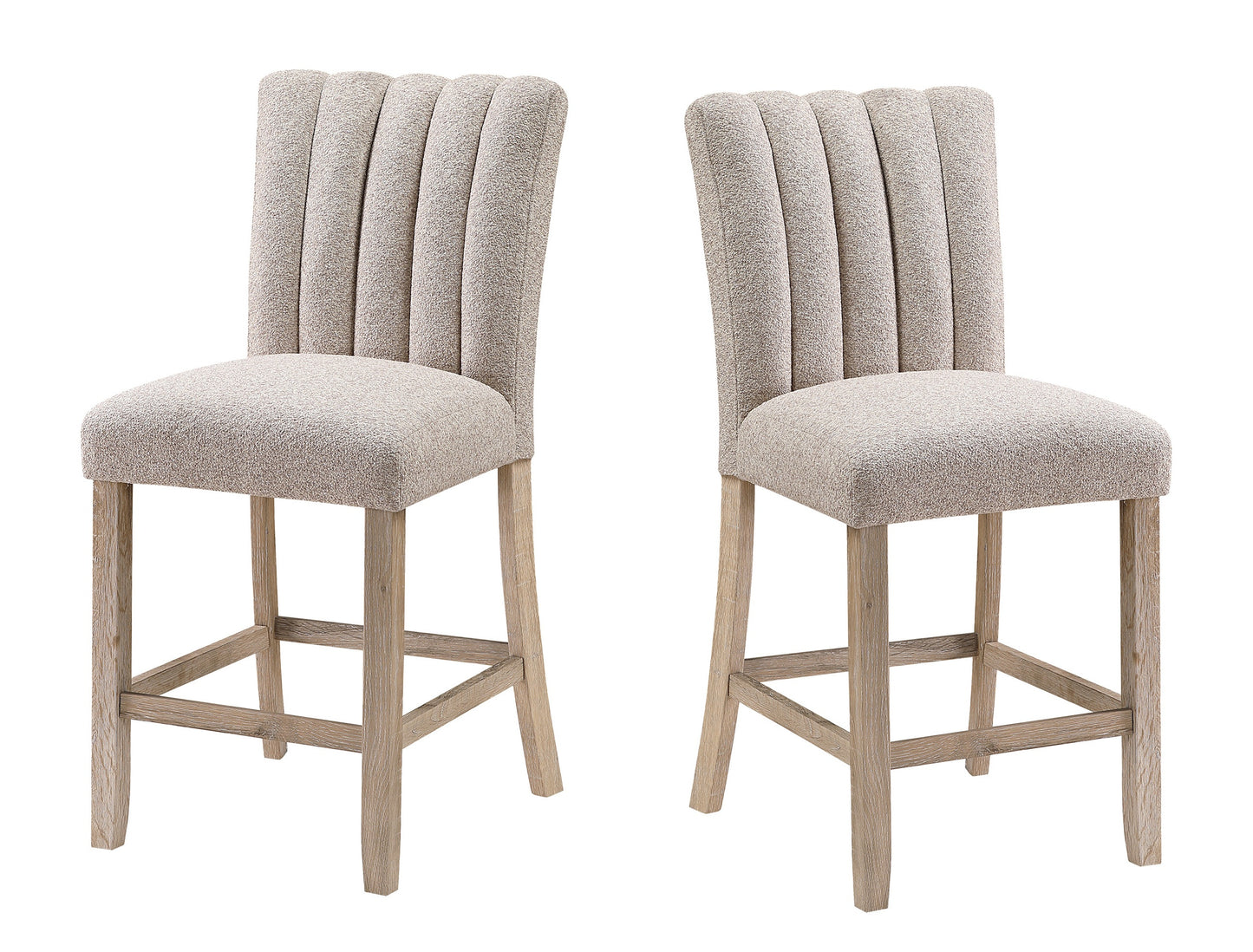 Set of Two 26" Beige and Natural Solid Manufactured Wood Fabric and Wood Bar Height Bar Chairs