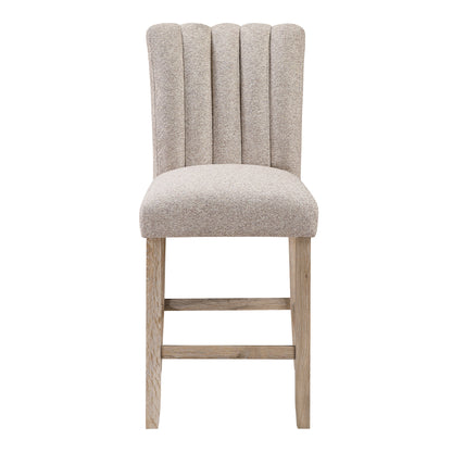 Set of Two 26" Beige and Natural Solid Manufactured Wood Fabric and Wood Bar Height Bar Chairs