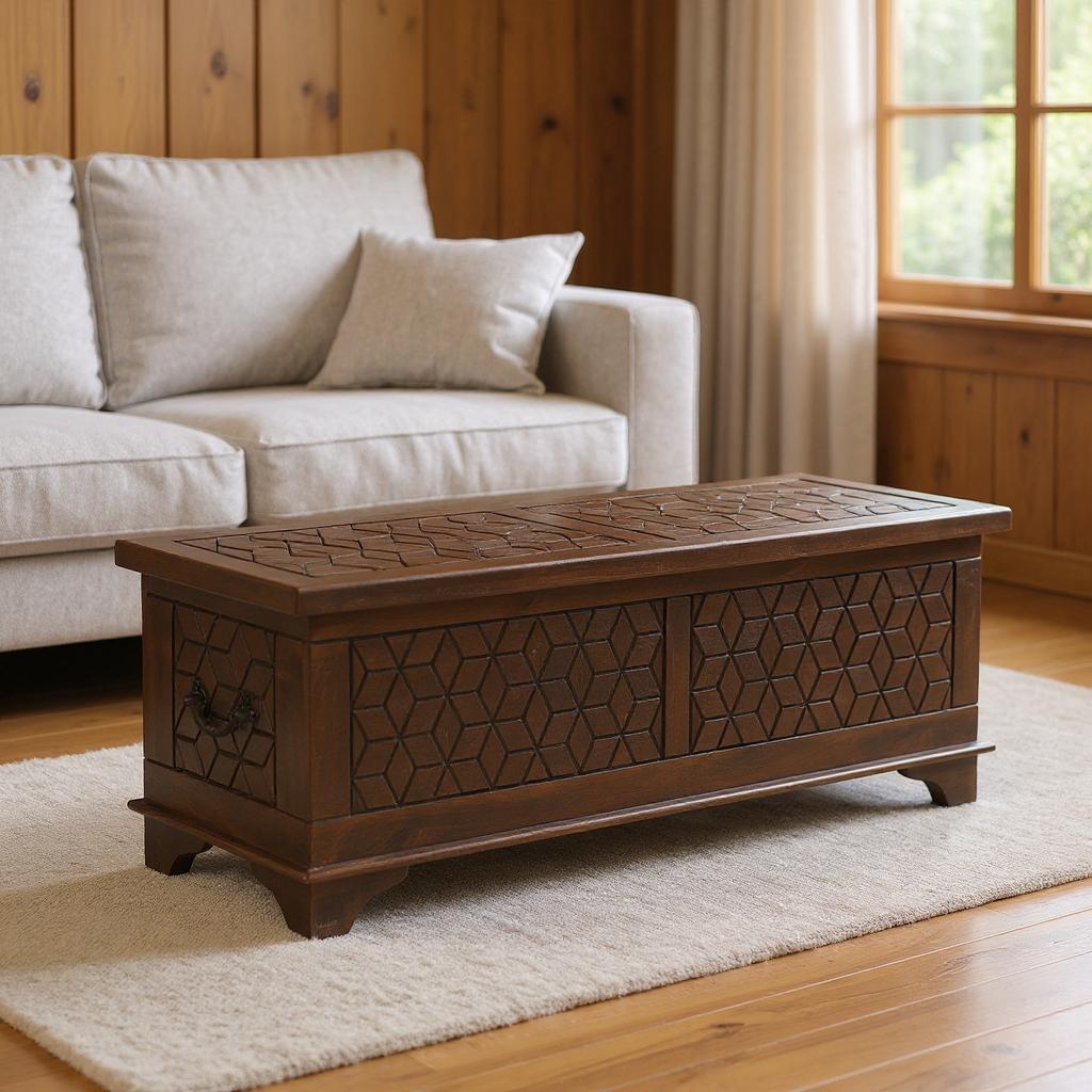 52" Brown Solid Wood Geometric Storage Ottoman