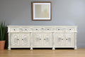 118" White Distressed Solid Wood Carved Floral Six Drawer Sideboard with Six Doors