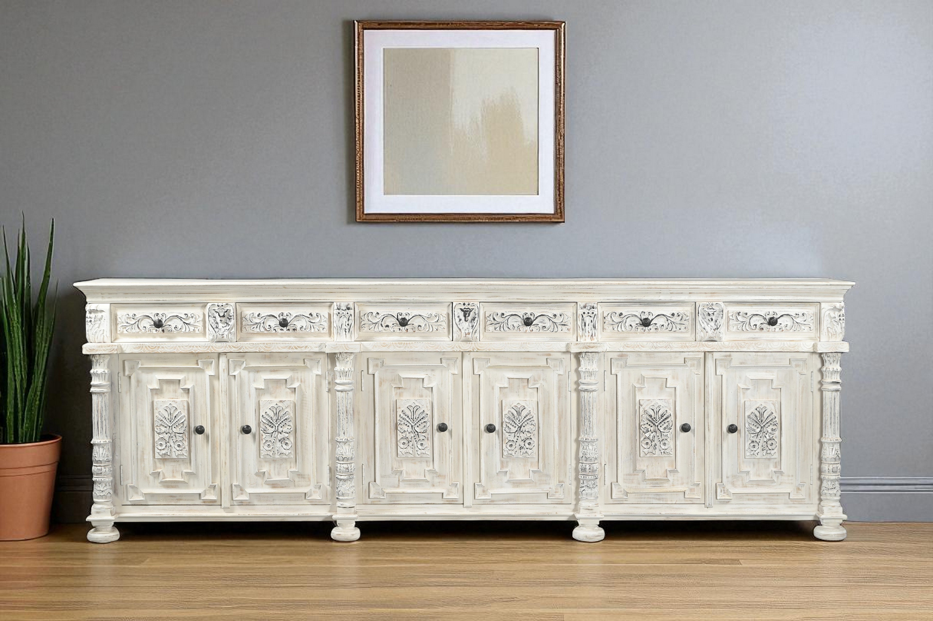 118" White Distressed Solid Wood Carved Floral Six Drawer Sideboard with Six Doors