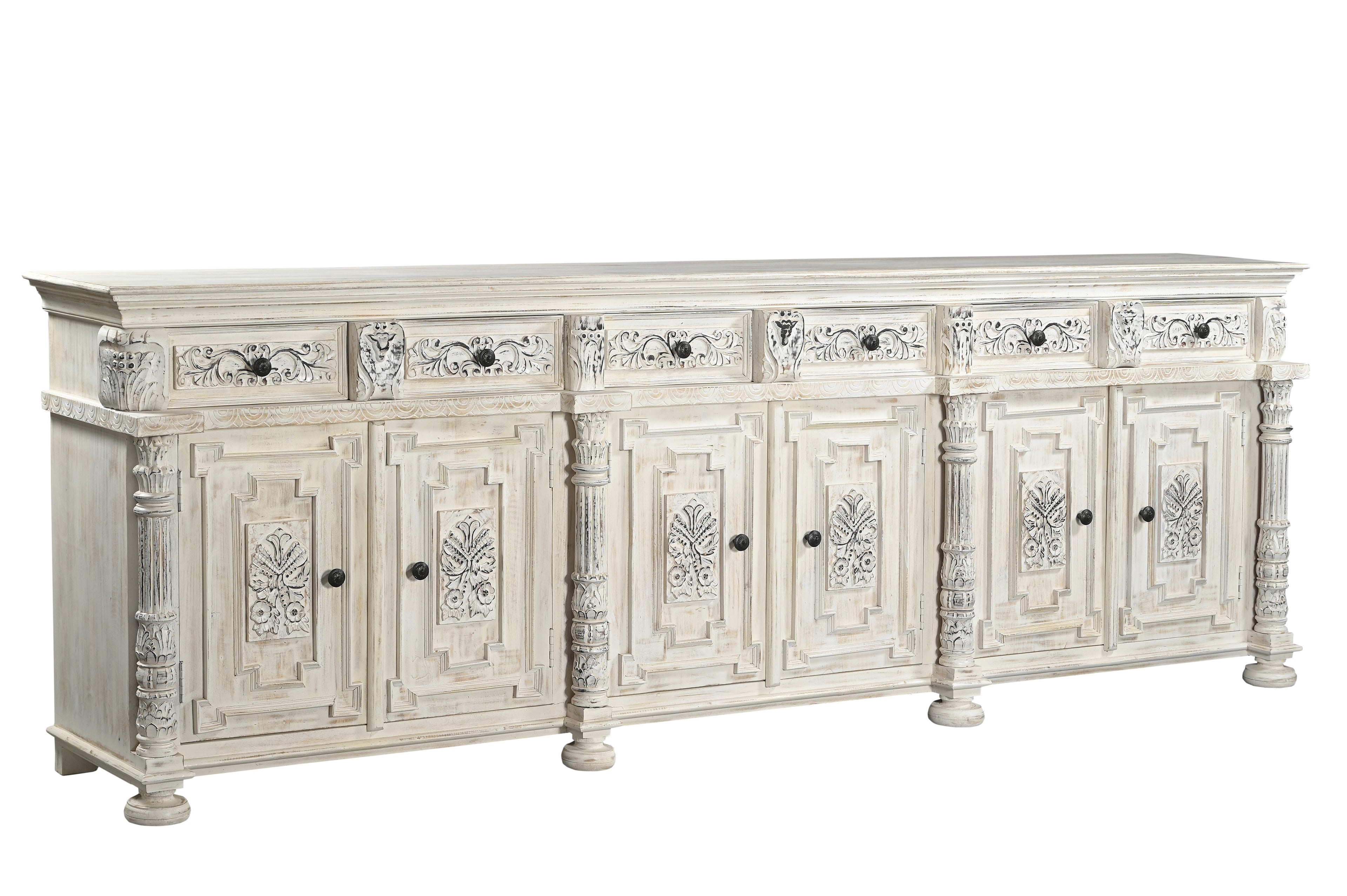 118" White Distressed Solid Wood Carved Floral Six Drawer Sideboard with Six Doors