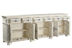 118" White Distressed Solid Wood Carved Floral Six Drawer Sideboard with Six Doors