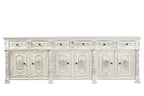 118" White Distressed Solid Wood Carved Floral Six Drawer Sideboard with Six Doors