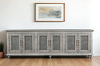 111" Gray Distressed Solid Wood Carved Floral Sideboard with Six Doors