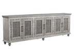111" Gray Distressed Solid Wood Carved Floral Sideboard with Six Doors