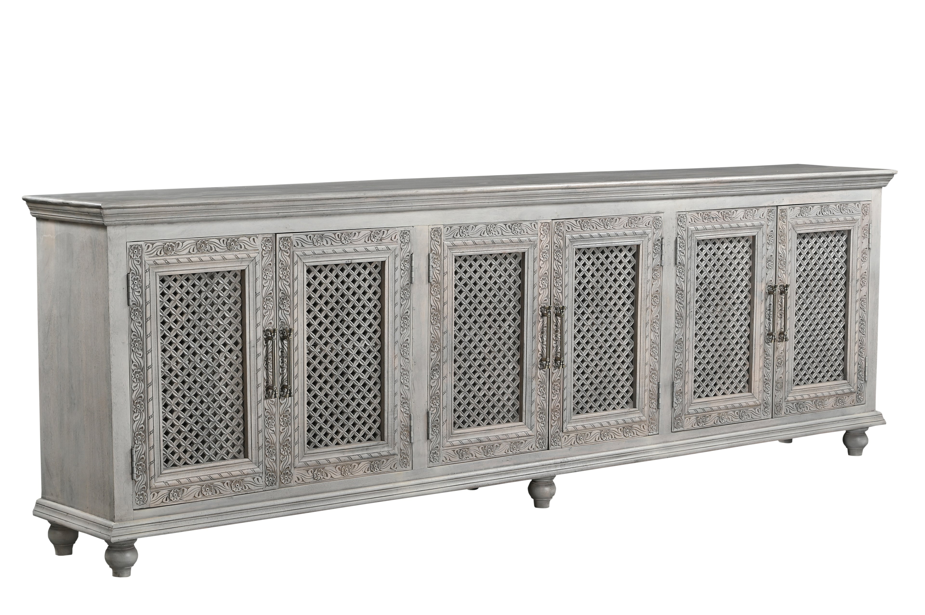 111" Gray Distressed Solid Wood Carved Floral Sideboard with Six Doors