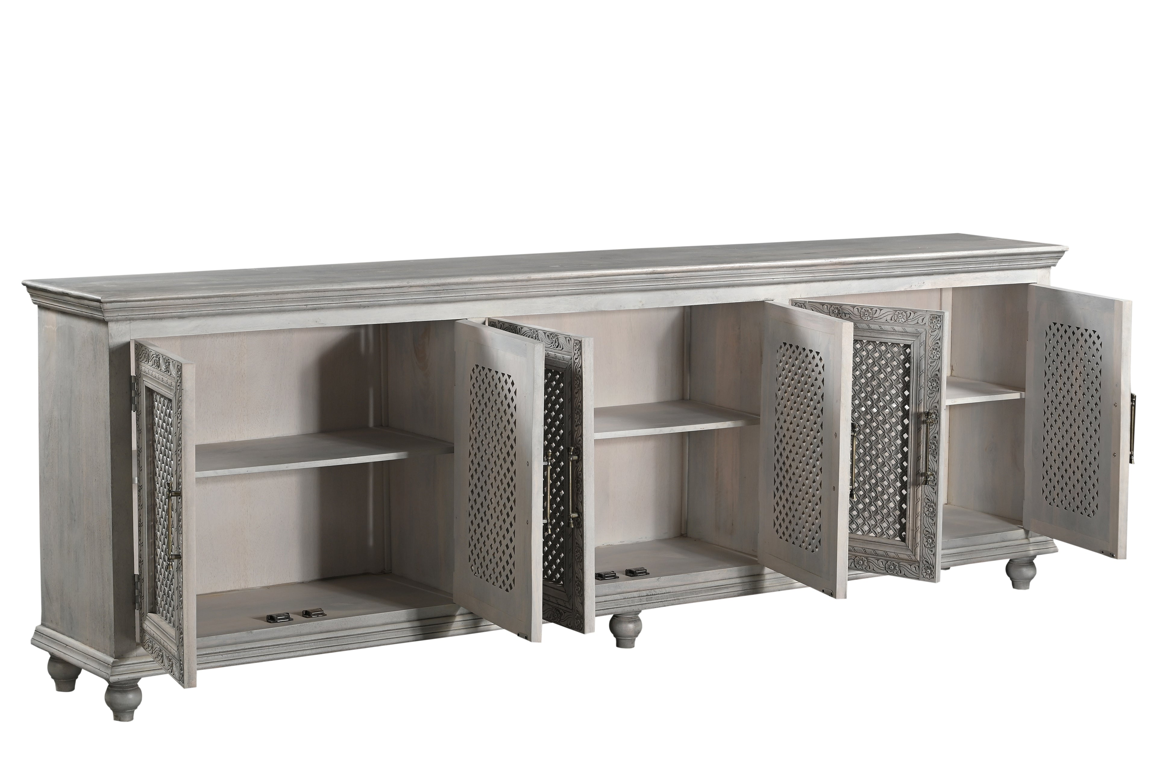 111" Gray Distressed Solid Wood Carved Floral Sideboard with Six Doors