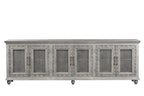 111" Gray Distressed Solid Wood Carved Floral Sideboard with Six Doors