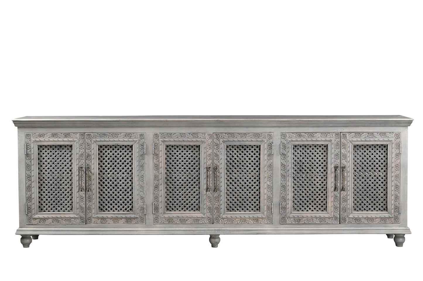 111" Gray Distressed Solid Wood Carved Floral Sideboard with Six Doors