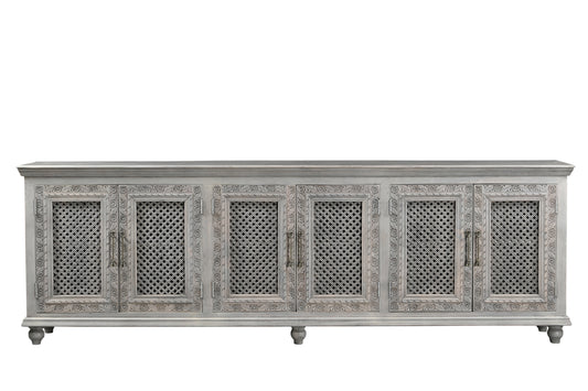 111" Gray Distressed Solid Wood Carved Floral Sideboard with Six Doors