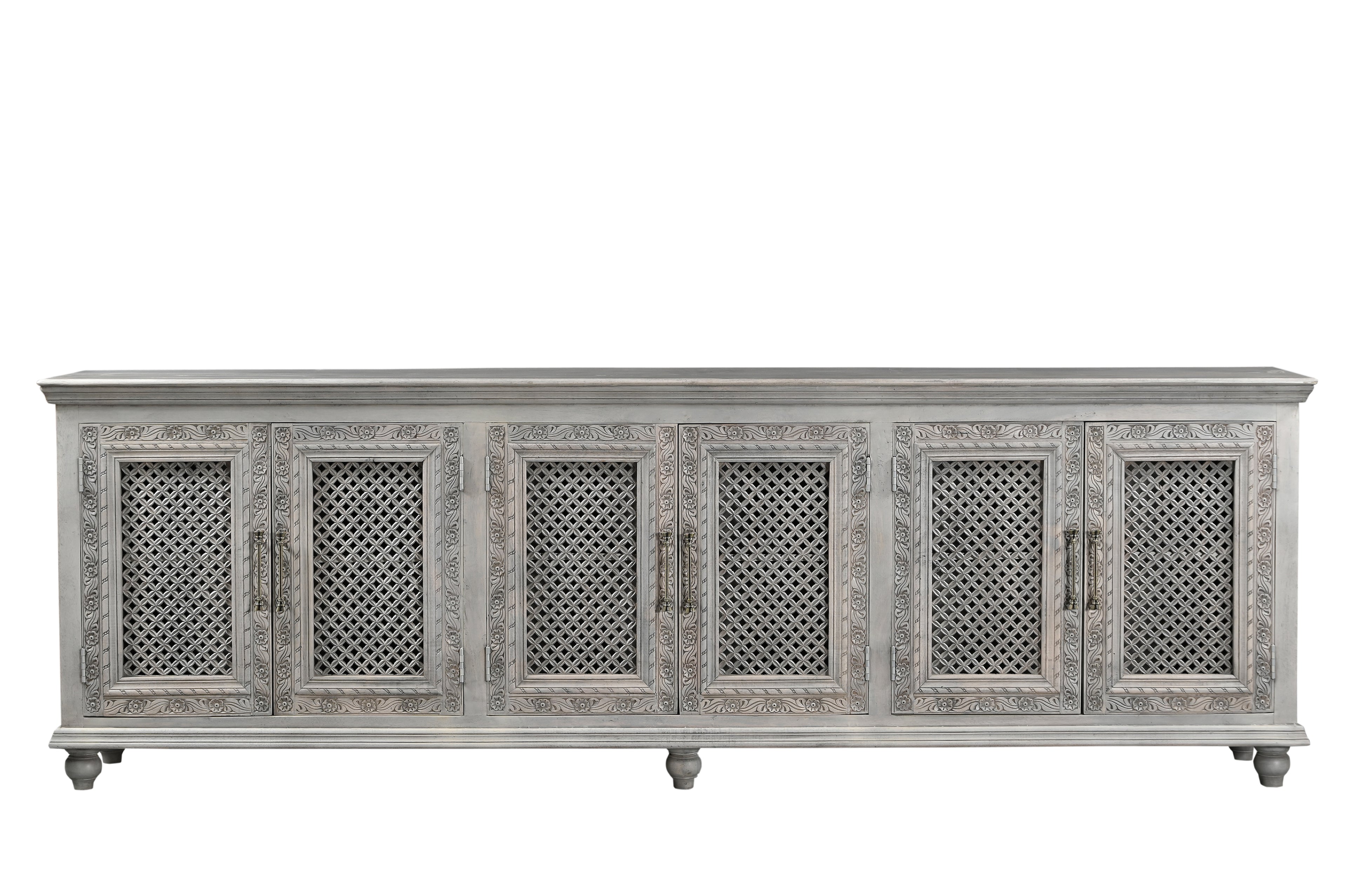 111" Gray Distressed Solid Wood Carved Floral Sideboard with Six Doors