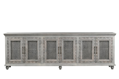 111" Gray Distressed Solid Wood Carved Floral Sideboard with Six Doors