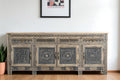 102" Natural And Black Distressed Solid Wood Carved Geometric Four Drawer Sideboard