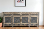 102" Natural And Black Distressed Solid Wood Carved Geometric Four Drawer Sideboard