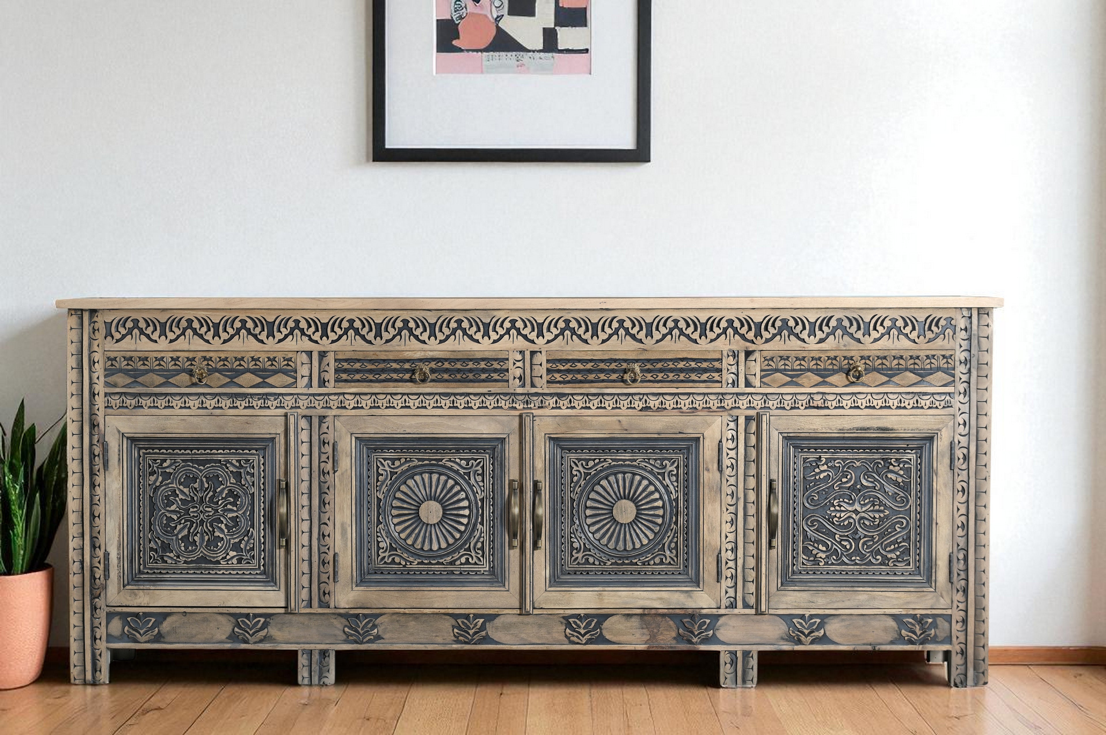 102" Natural And Black Distressed Solid Wood Carved Geometric Four Drawer Sideboard