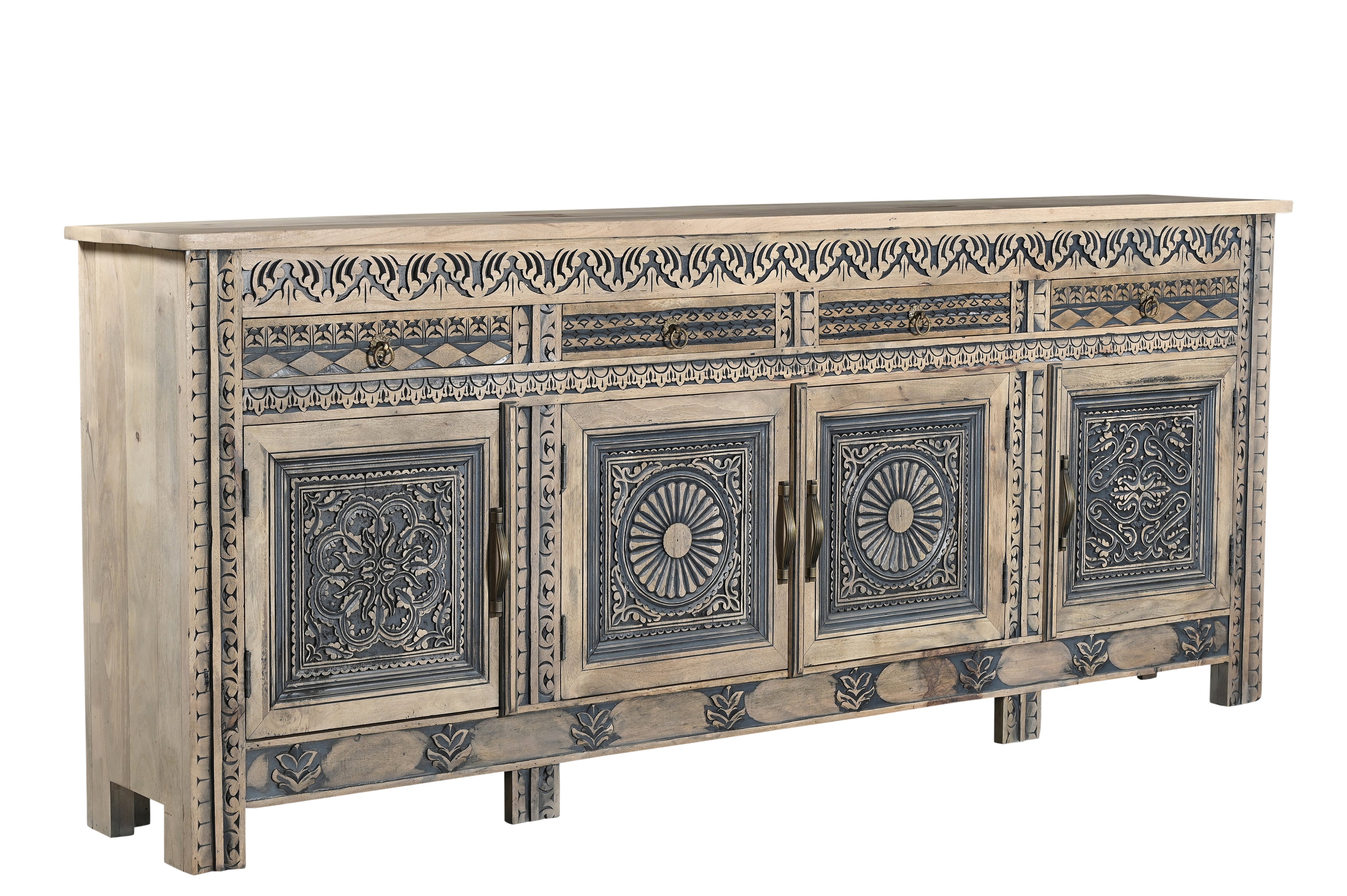 102" Natural And Black Distressed Solid Wood Carved Geometric Four Drawer Sideboard