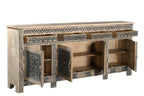 102" Natural And Black Distressed Solid Wood Carved Geometric Four Drawer Sideboard