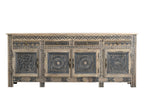 102" Natural And Black Distressed Solid Wood Carved Geometric Four Drawer Sideboard