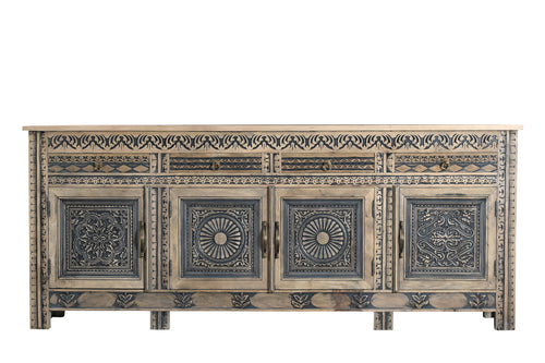 102" Natural And Black Distressed Solid Wood Carved Geometric Four Drawer Sideboard