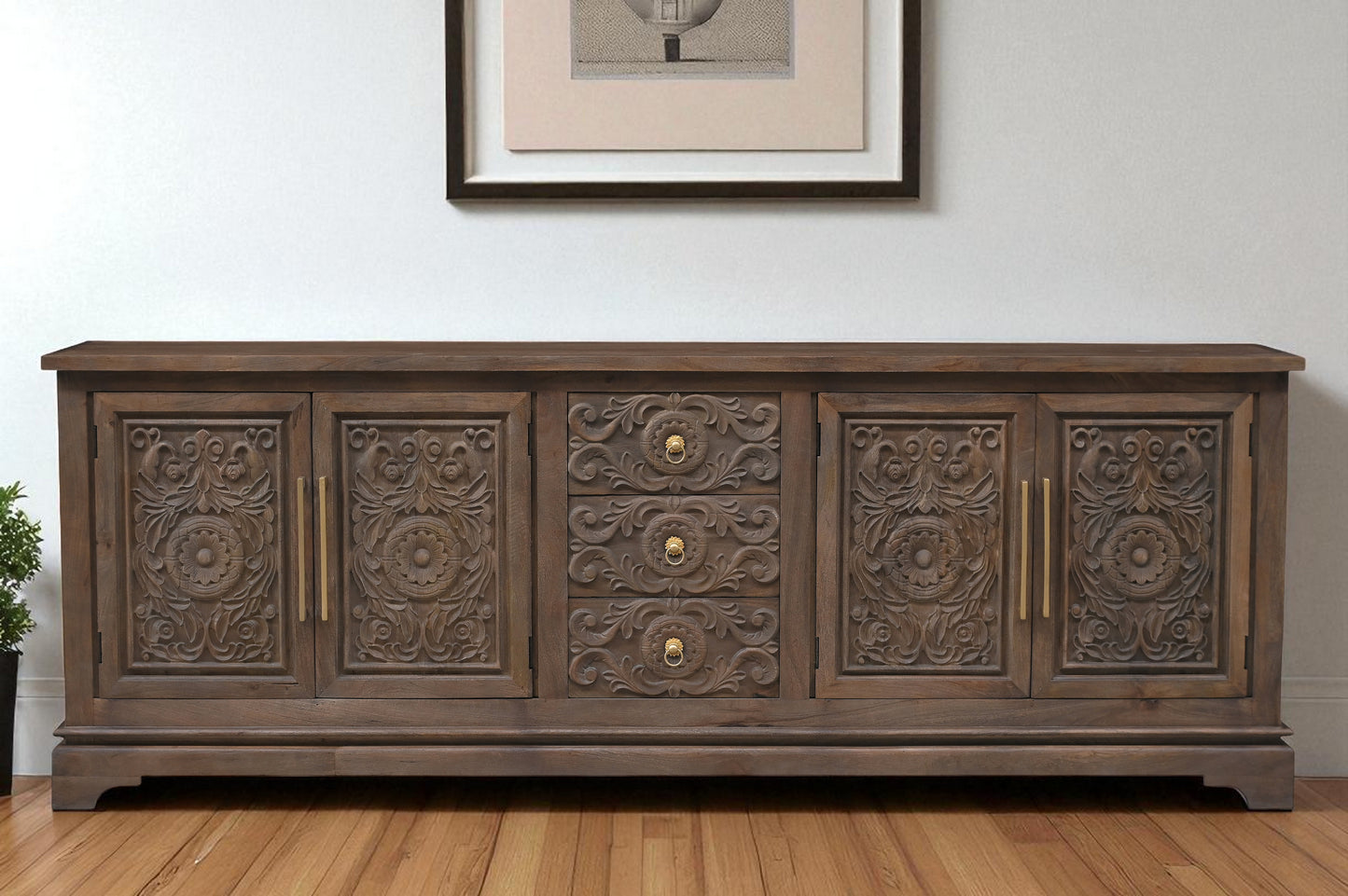 106" Brown Distressed Solid Wood Carved Floral Three Drawer Sideboard with Four Doors