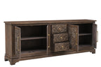 106" Brown Distressed Solid Wood Carved Floral Three Drawer Sideboard with Four Doors