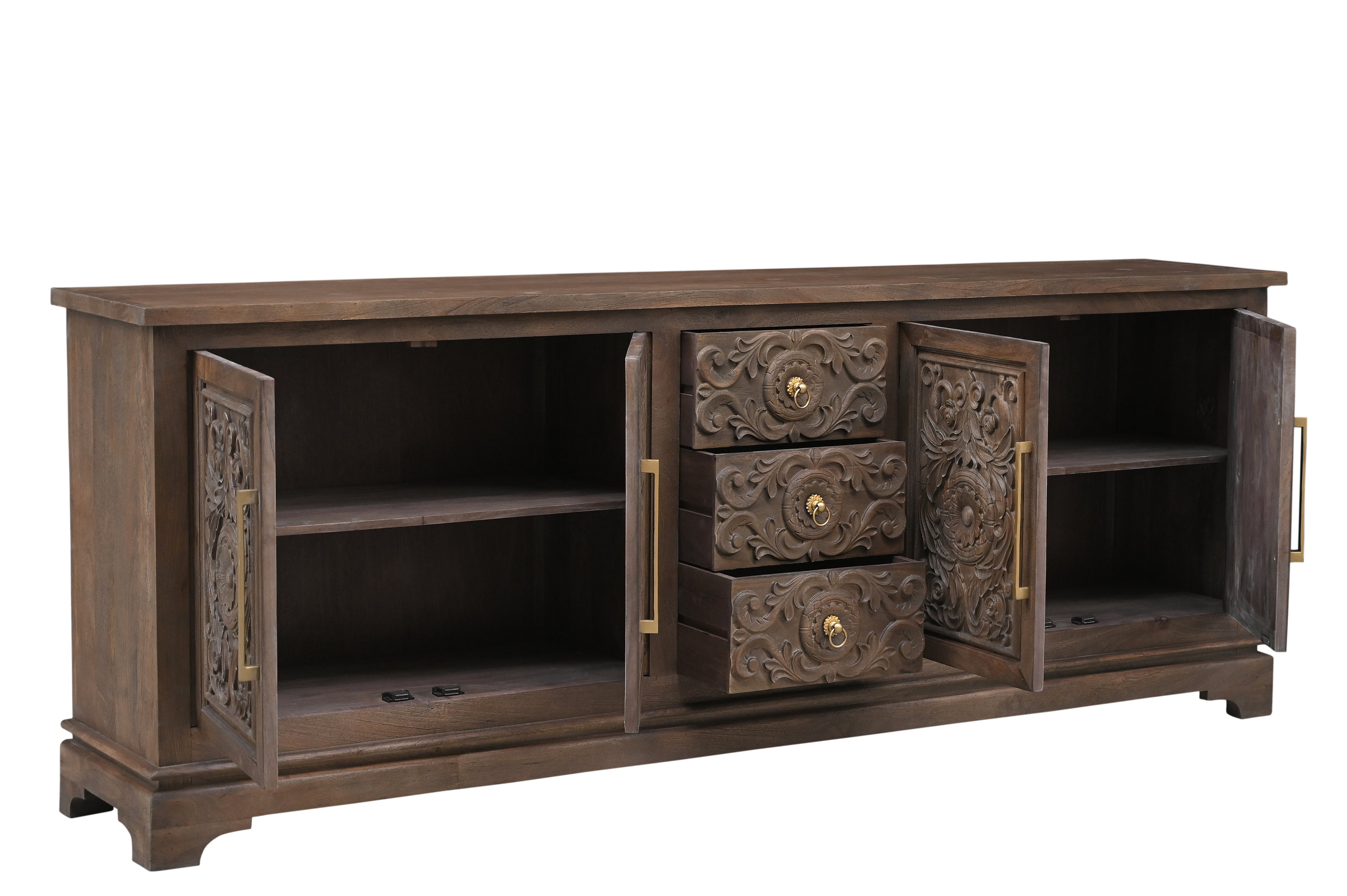 106" Brown Distressed Solid Wood Carved Floral Three Drawer Sideboard with Four Doors