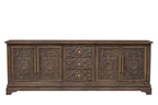106" Brown Distressed Solid Wood Carved Floral Three Drawer Sideboard with Four Doors