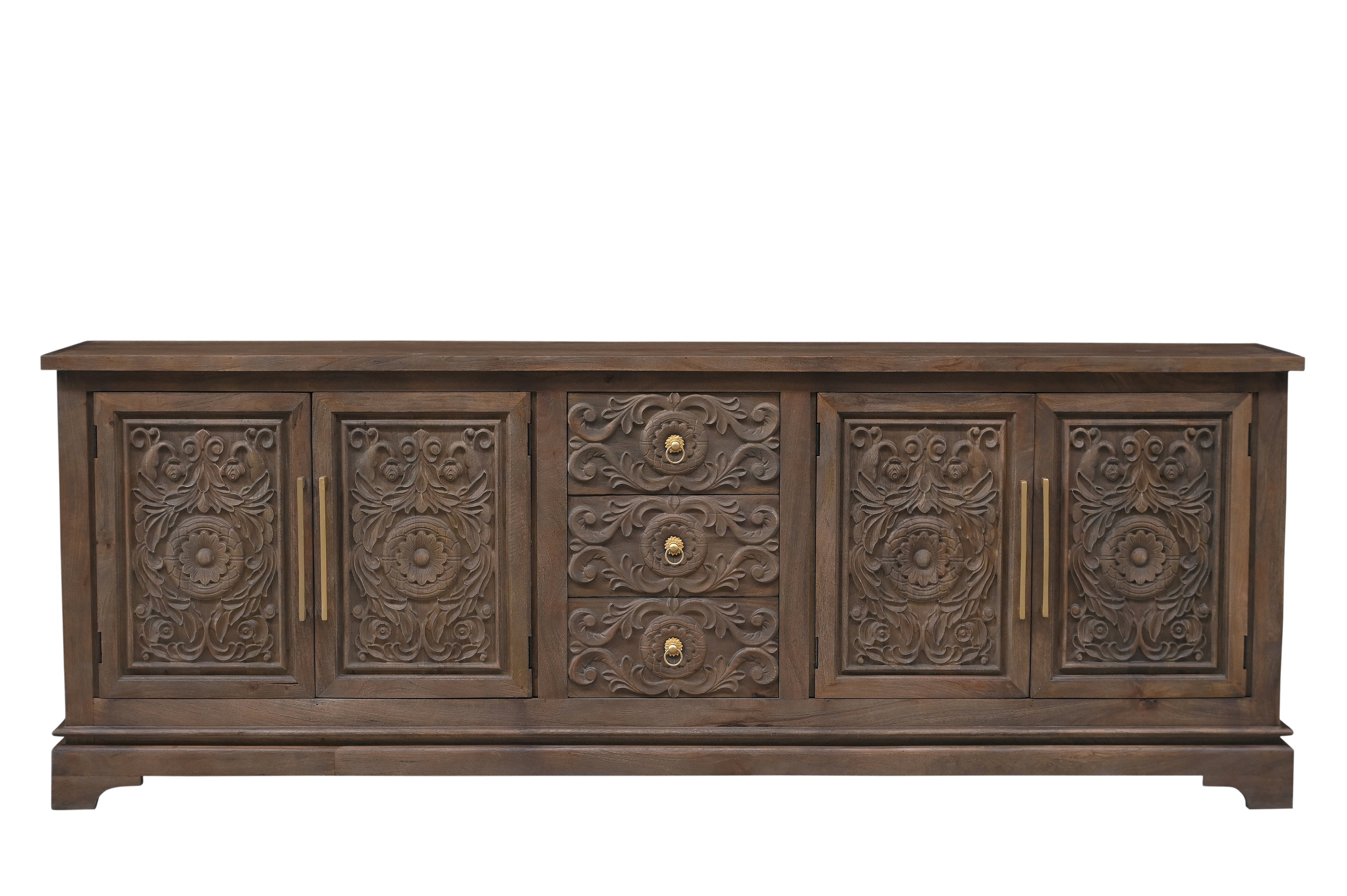 106" Brown Distressed Solid Wood Carved Floral Three Drawer Sideboard with Four Doors