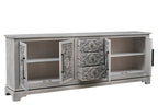 106" Gray Distressed Solid Wood Carved Floral Three Drawer Sideboard with Four Doors
