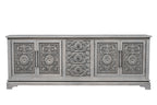 106" Gray Distressed Solid Wood Carved Floral Three Drawer Sideboard with Four Doors