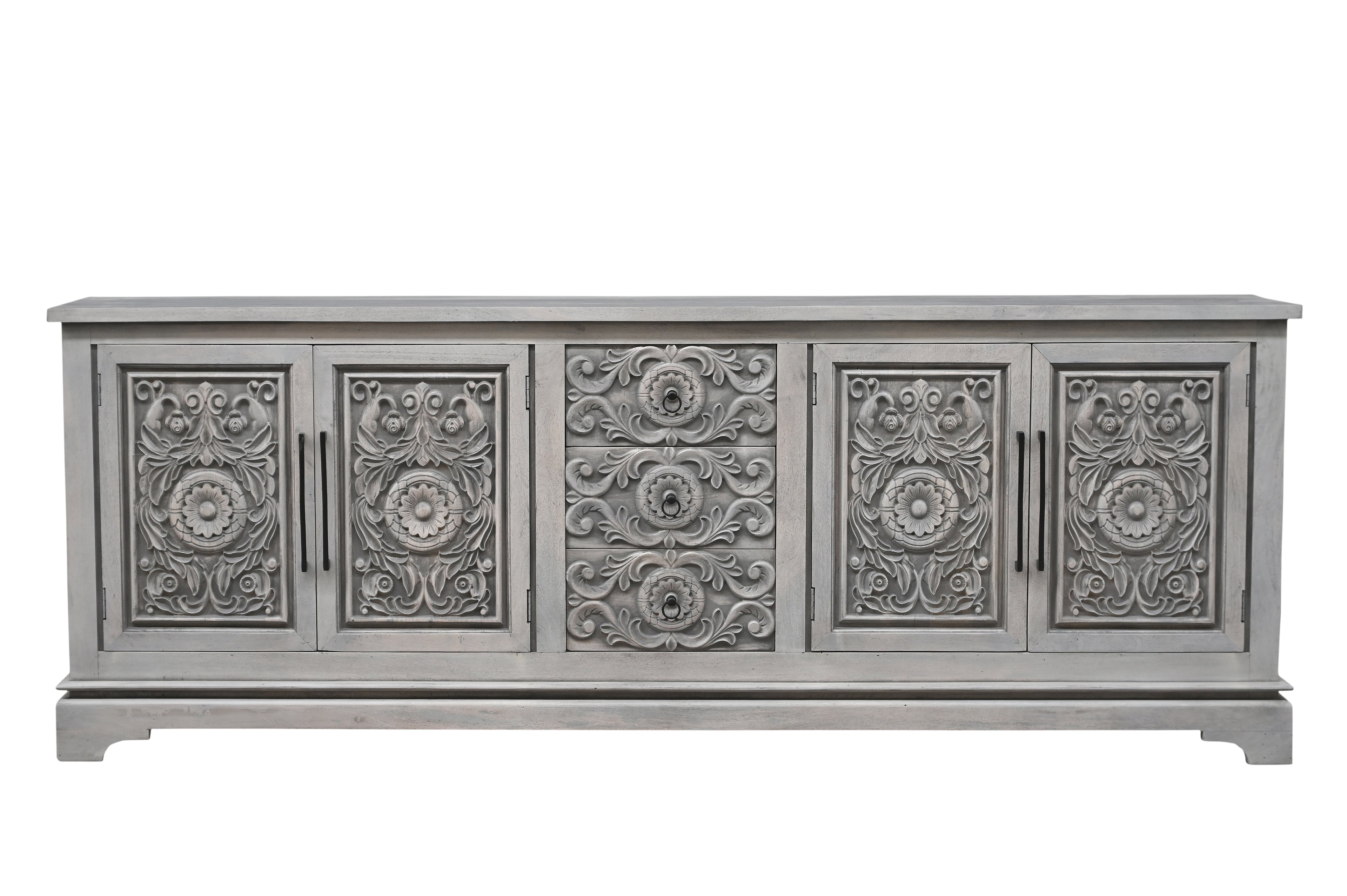 106" Gray Distressed Solid Wood Carved Floral Three Drawer Sideboard with Four Doors