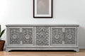 106" Gray Distressed Solid Wood Carved Floral Three Drawer Sideboard with Four Doors