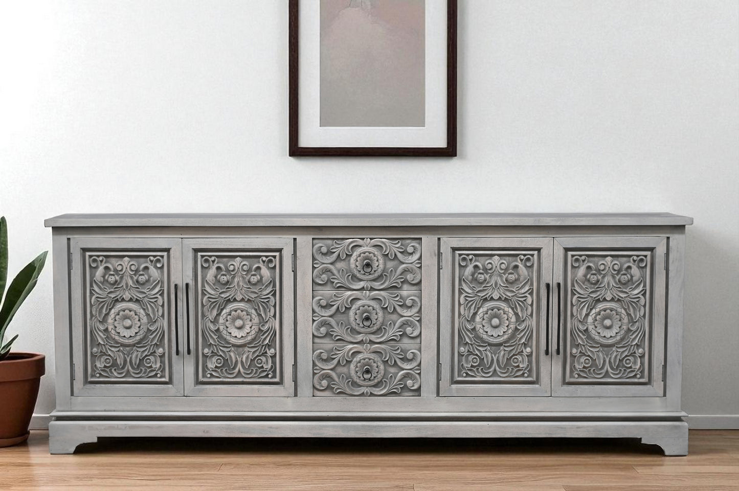 106" Gray Distressed Solid Wood Carved Floral Three Drawer Sideboard with Four Doors