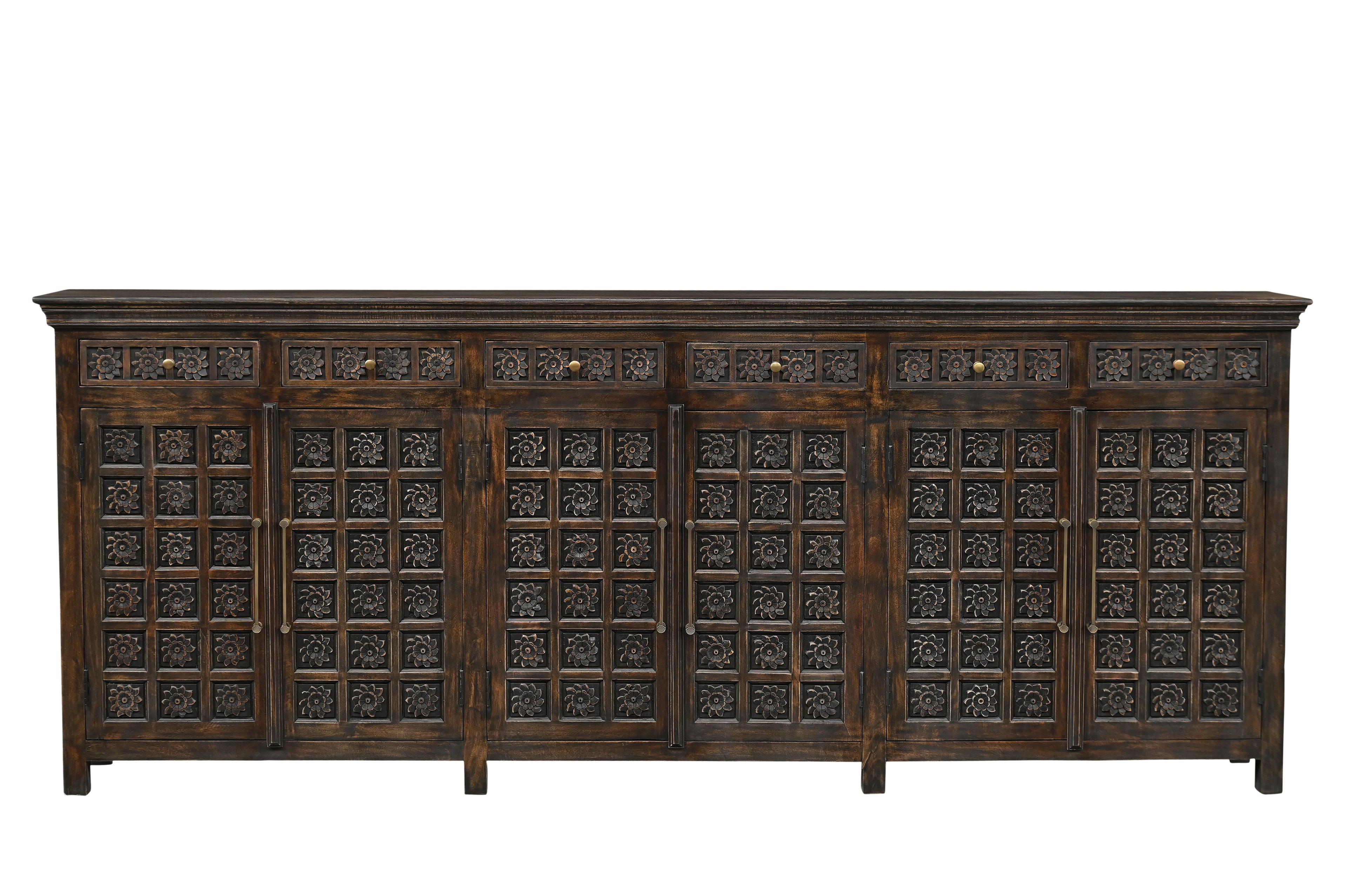 107" Brown Distressed Solid Wood Carved Floral Six Drawer Sideboard with Six Doors