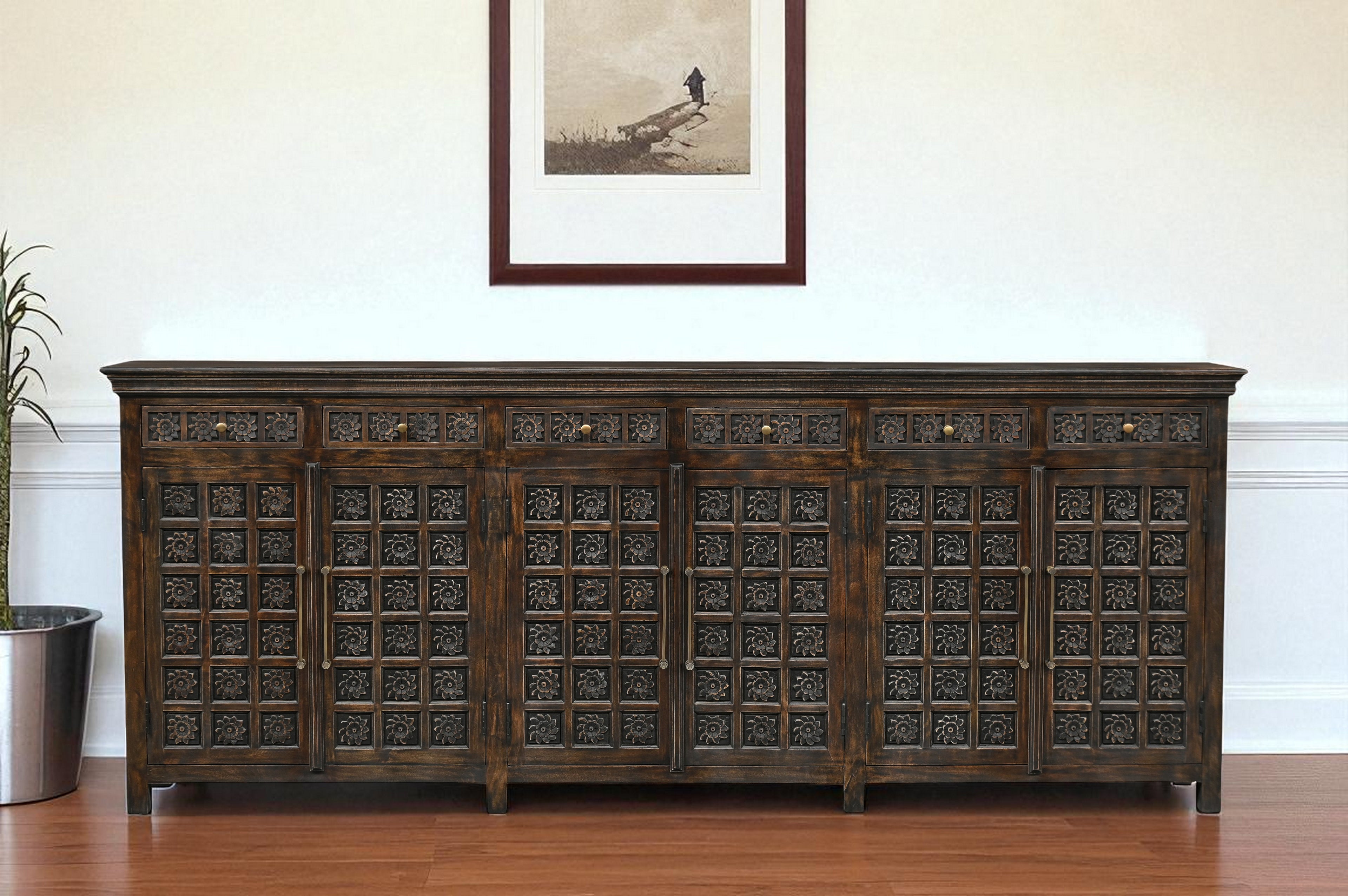 107" Brown Distressed Solid Wood Carved Floral Six Drawer Sideboard with Six Doors
