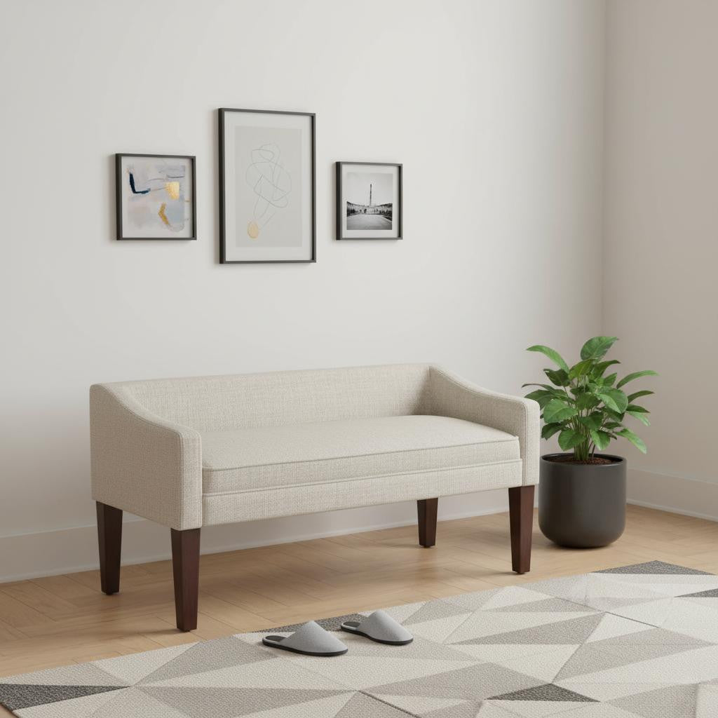 50" Platinum and Brown Fabric and Wood Upholstered Bench