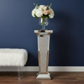 35" Silver Mirrored Glass And Faux Crystals Pedestal Accent Table