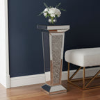 35" Silver Mirrored Glass And Faux Crystals Pedestal Accent Table
