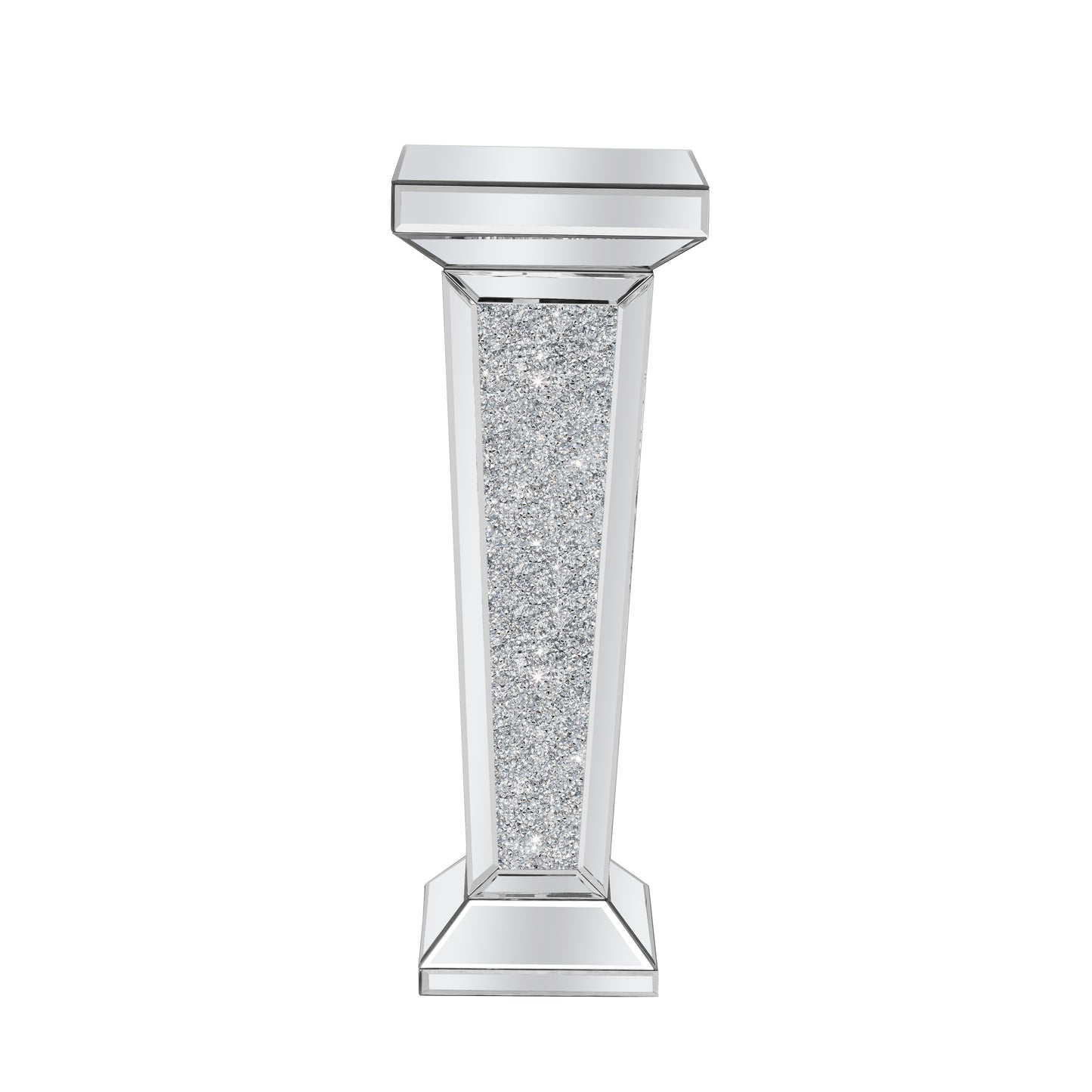 35" Silver Mirrored Glass And Faux Crystals Pedestal Accent Table